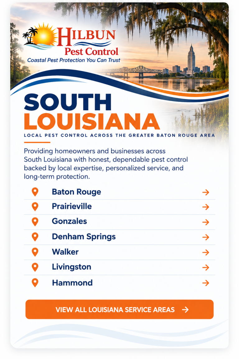 South Louisiana Service Area | Hilbun Pest Control Premium service area card highlighting South Louisiana cities served by Hilbun Pest Control around Baton Rouge