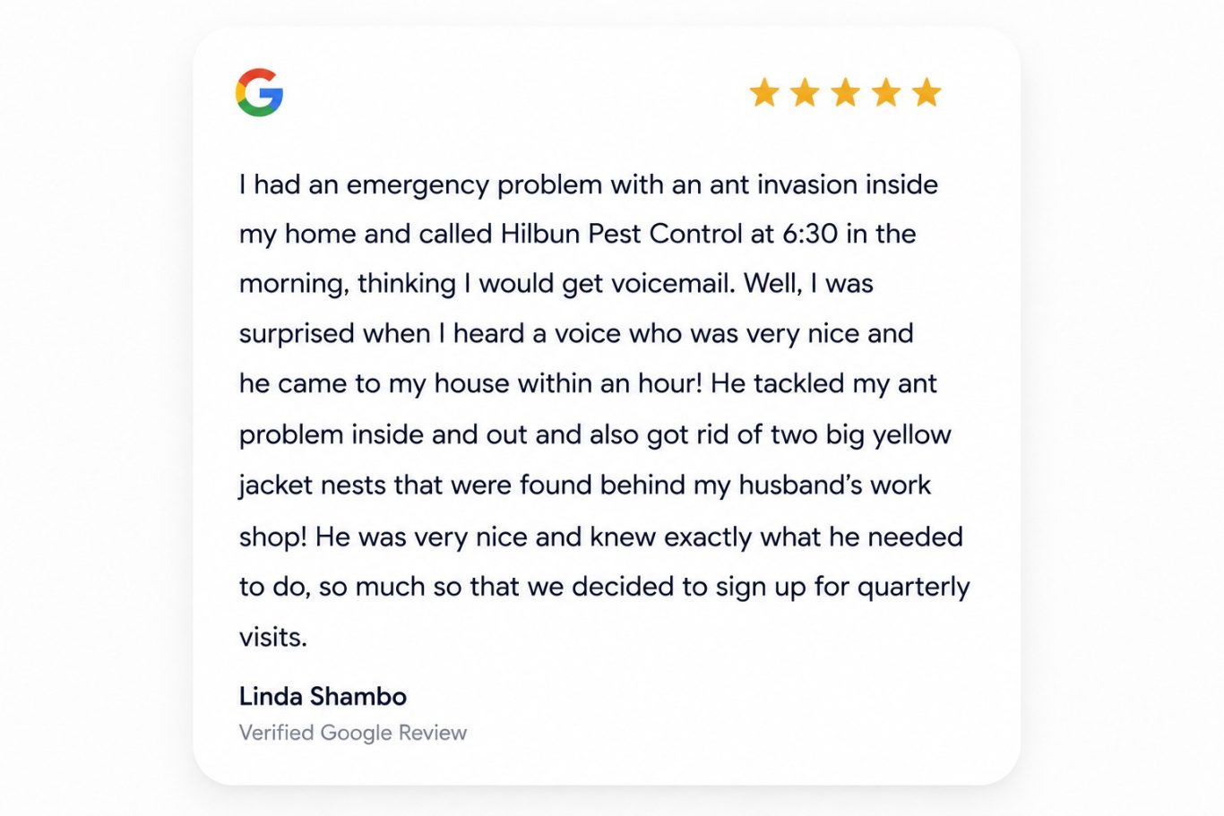 Hilbun Pest Control Google Review - Linda Shambo Google review card from Linda Shambo praising Hilbun Pest Control's fast emergency ant service and quarterly pest protection.