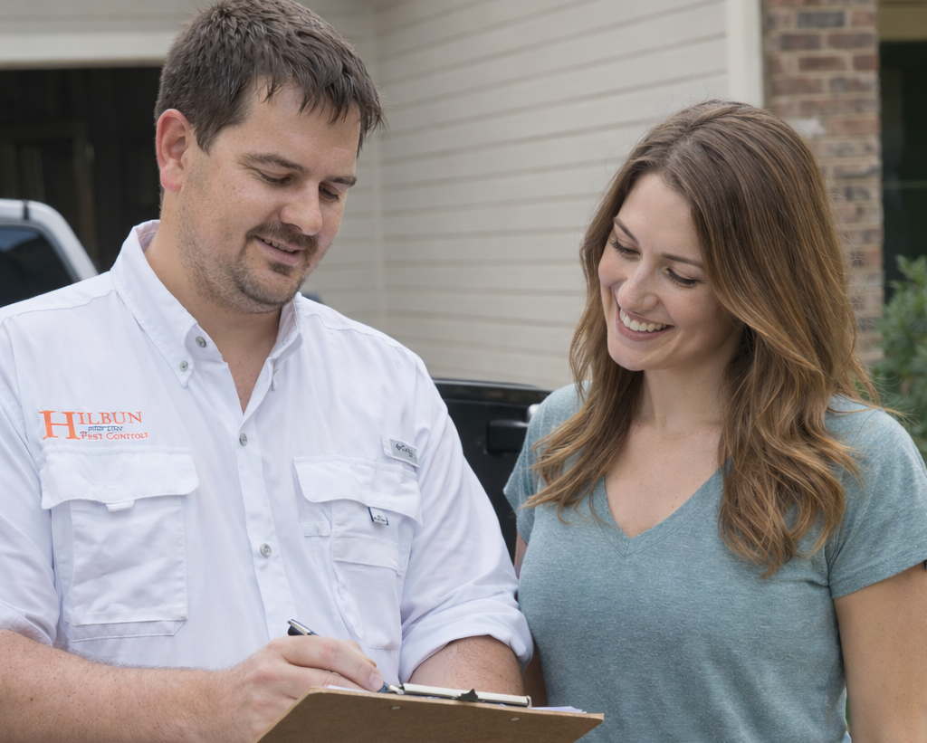 Hilbun Pest Control Owner Meeting with Homeowner in Baton Rouge and South Alabama Owner of Hilbun Pest Control discussing pest control service with homeowner in Baton Rouge and South Alabama