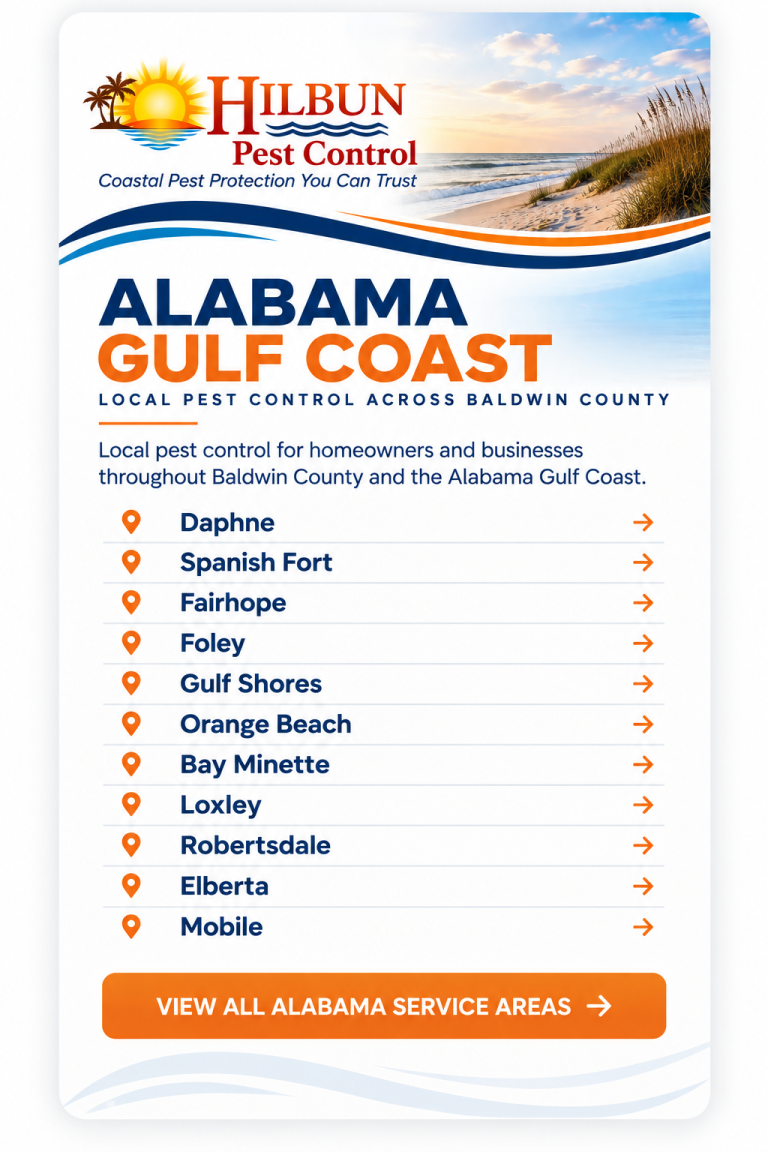 Alabama Gulf Coast Service Area | Hilbun Pest Control Premium service area card highlighting Alabama Gulf Coast cities served by Hilbun Pest Control in Baldwin County